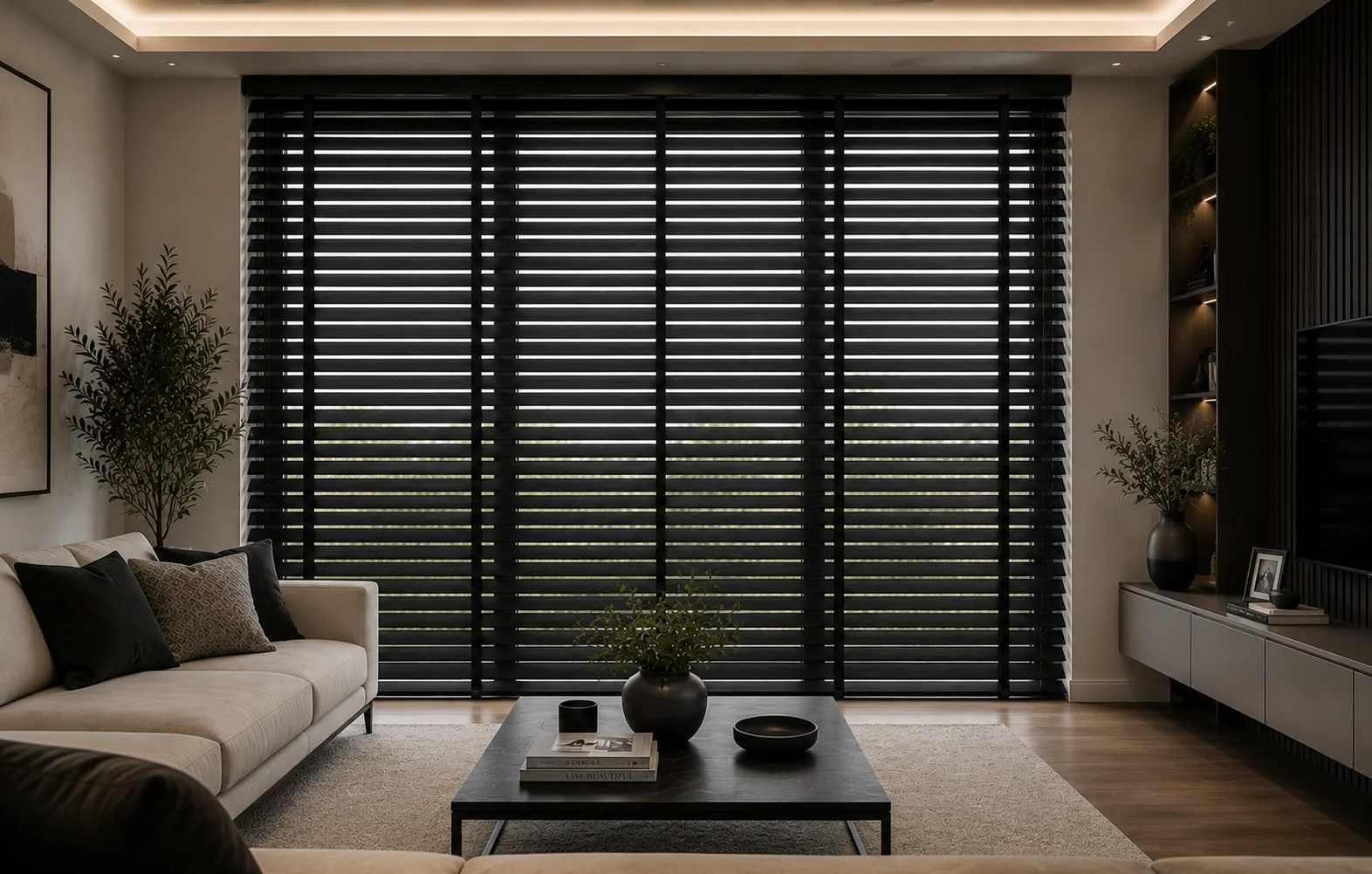 Ahşap jaluzi perdelerle tamamlanmış modern bir yaşam alanı